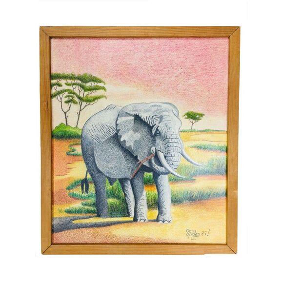 VTG Elephant Landscape Scene Original Colored Pencil Drawing Signed Art Framed - Picture 1 of 5